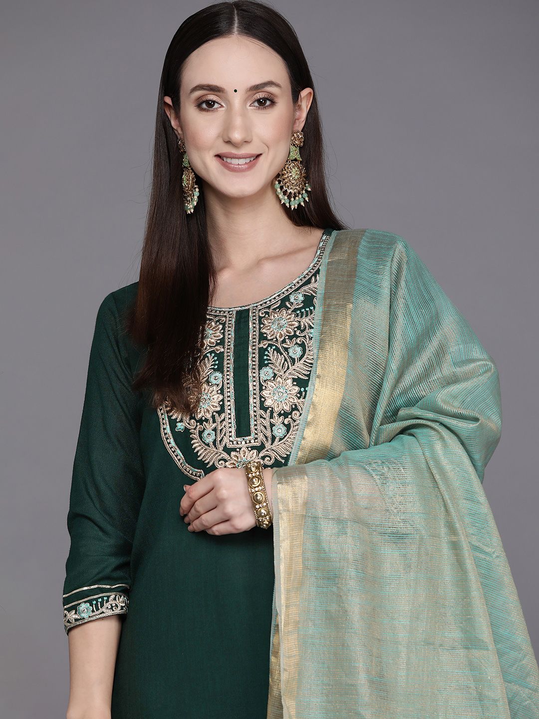 Indyancart IE Women Green Ethnic Motifs Embroidered Yoke Design Kurta with Palazzos & Dupatta
