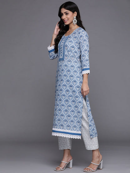Indyancart VA Women's Blue & Grey Ethnic Printed Pure Cotton Kurta with Trousers & Dupatta