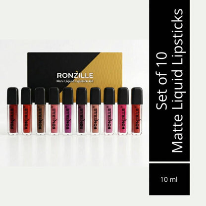 Ronzille Long Lasting Waterproof Non Transfer Mini Liquid Matte Lipstick Kit - Set Of 10