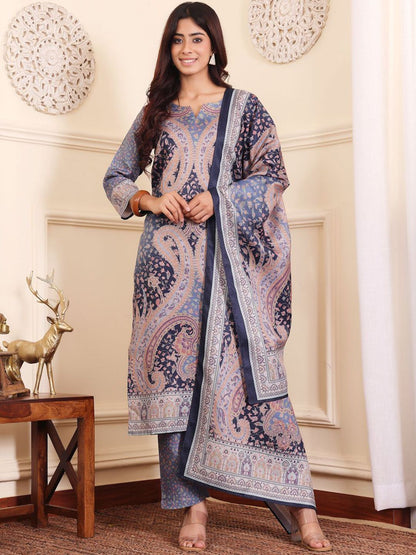 Indyancart VA Women'sPaisley Printed Straight Kurta with Trouser & Dupatta