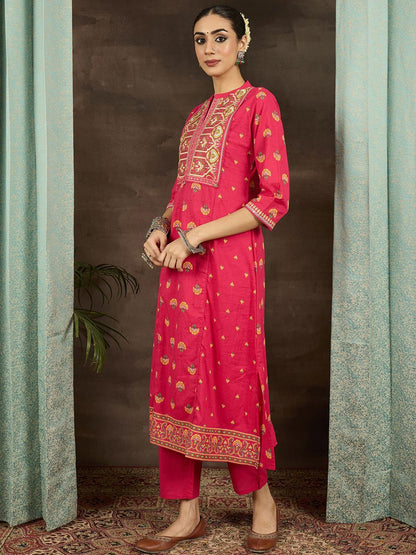 Indyancart IE Women Ethnic Motifs Printed Thread Work Pure Cotton Kurta Trousers