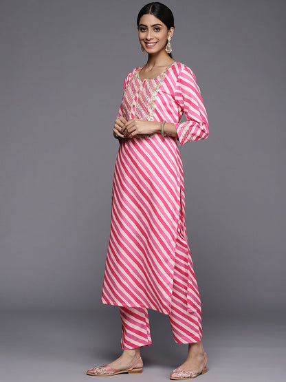 Indyancart VA Women's Fuchsia Striped Gotta Patti Kurta with Trousers & With Dupatta