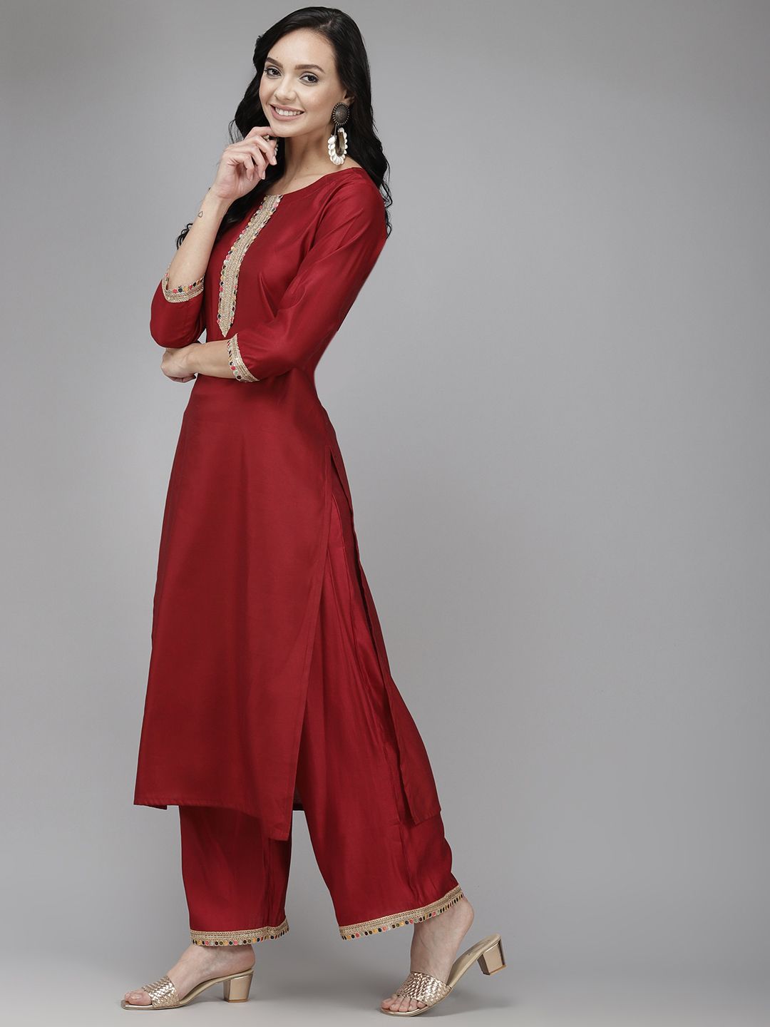Indyancart IE Women Maroon Sequinned Liva Kurta with Palazzos & Dupatta