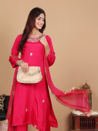 Indyancart VA Women's Pink pure silk zardozi & floral embroidered kurta with trousers & dupatta