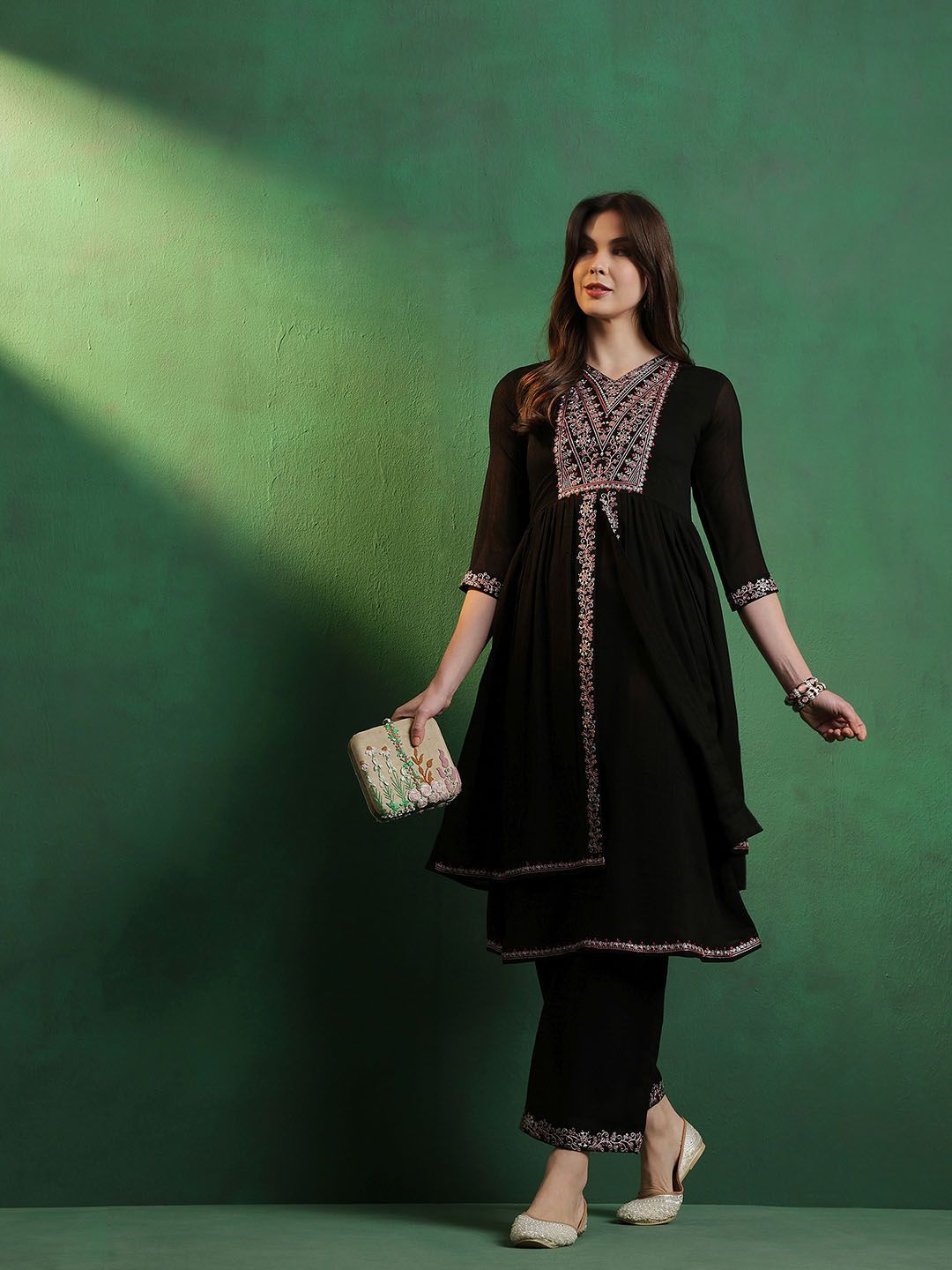 Dhiyona SN Women's Alina Cut Embroidered A-Line Silk Kurta With Palazzo Set