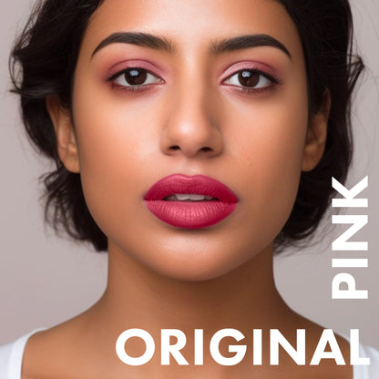 Daughter Earth Velvet Phytonutrient Lipstick in The Original Pink, creamy natural lipstick with a soft pink shade, close-up view