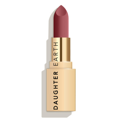 Daughter Earth Daughter Earth Siachen Rose velvet phytonutrient lipstick in creamy shade, close-up of the lipstick tube and color swatch