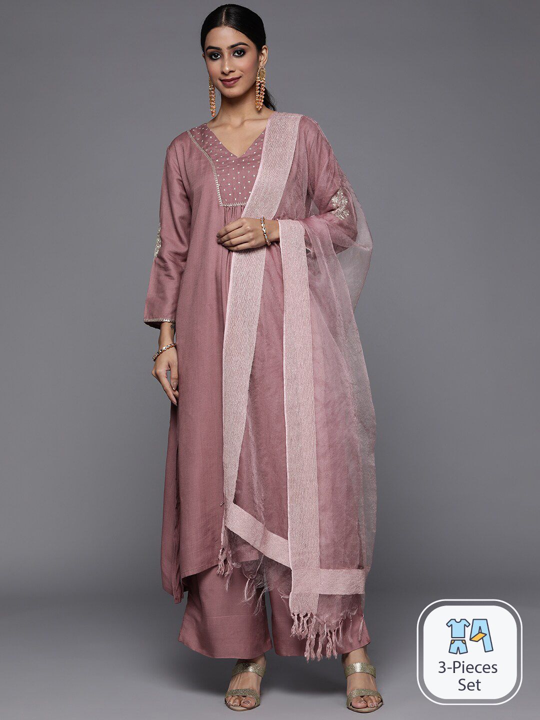 Indyancart VA Women'sGeometric Embroidered A-Line Kurta with Palazzos & With Dupatta