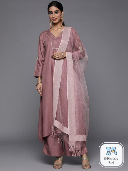 Indyancart VA Women'sGeometric Embroidered A-Line Kurta with Palazzos & With Dupatta