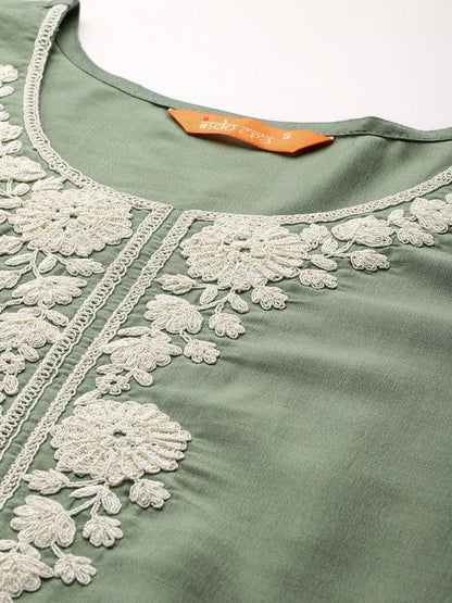Indyancart IE Floral Embroidered Thread Work Kurta With Trousers & Dupatta