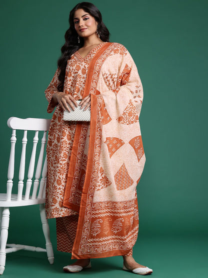Indyancart IE Plus Size Floral Printed Gotta Patti Pure Cotton Kurta Set