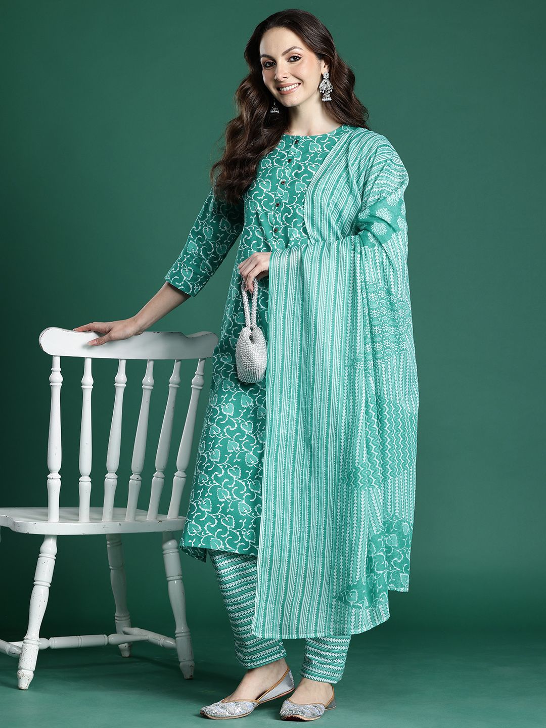 Floral Printed Pure Cotton Kurta with Trousers & Dupatta