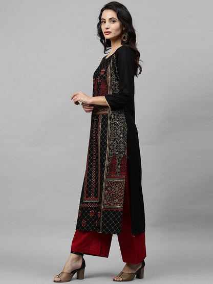 Indyancart IE Women Black & Maroon Floral Print A-Line Kurta