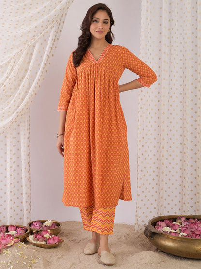 Indyancart IE Floral Printed Pure Cotton V Neck A-Line Tunic And Trousers