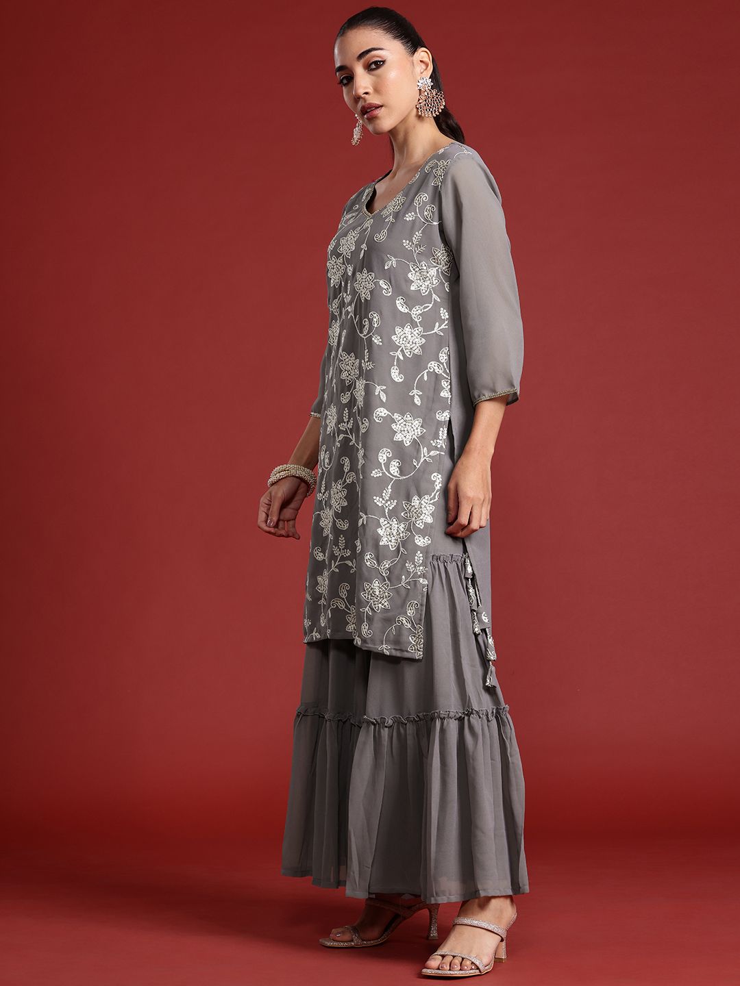 Indyancart IE Floral Embroidered Sequinned Kurta With Sharara & Dupatta