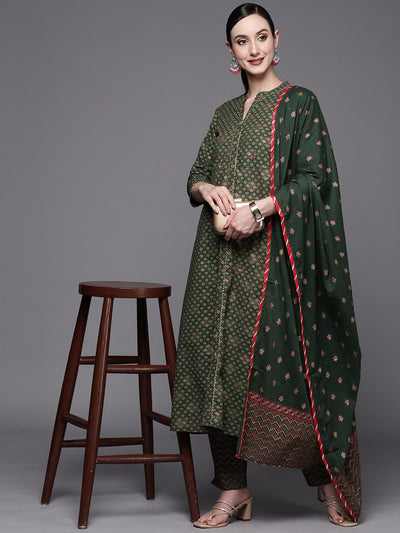Dhiyona IE Women Green Ethnic Motifs Printed Gotta Patti Kurta with Trousers & With Dupatta