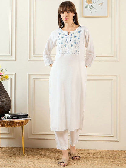 Indyancart IE Floral Embroidered Notched Neck Pure Cotton Straight Kurta With Trousers