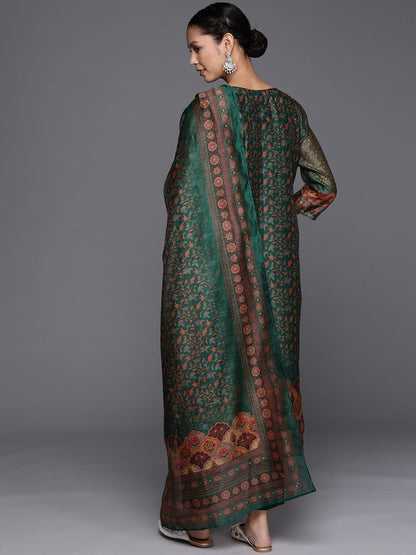 Indyancart VA Women'sEthnic Motifs Printed Sequinned Chanderi Cotton Kurta with Trousers & Dupatta