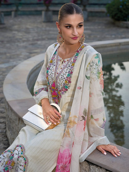 Floral Embroidered Regular Thread Work Pure Cotton Kurta with Trousers & Dupatta