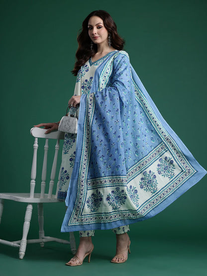 Indyancart IE Women Floral Printed Regular Pure Cotton Kurta with Trousers & With Dupatta
