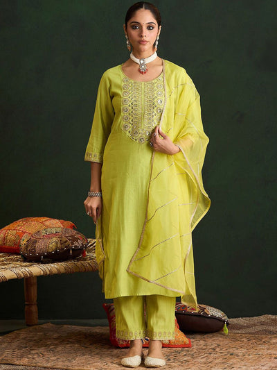 Indyancart IE Embroidered Liva Straight Kurta With Trousers & Dupatta
