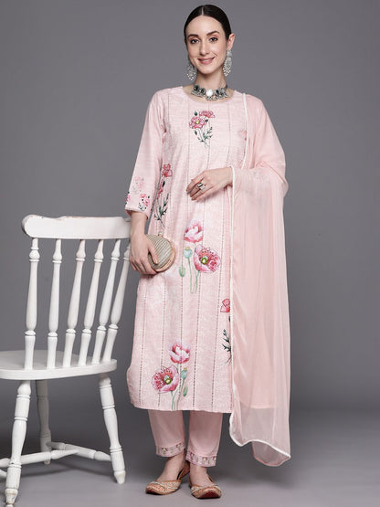 Indyancart IE Floral Embroidered Regular Thread Work Pure Cotton Kurta With Trousers & Dupatta