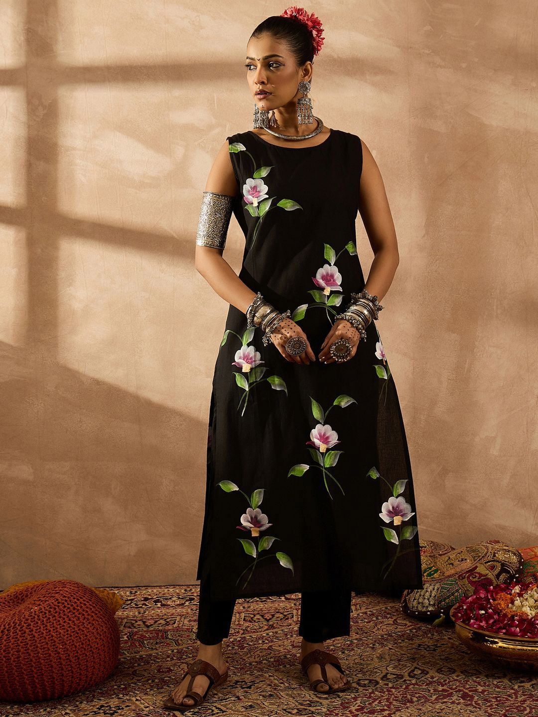 Indyancart IE Women Floral Printed Regular Pure Cotton Kurta with Trousers & With Dupatta