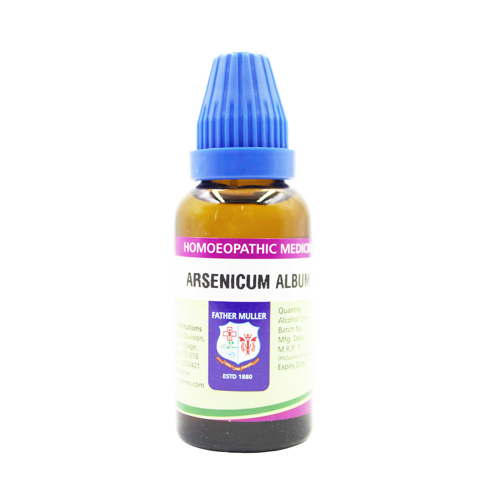 Father Muller Arsenicum Album Mother Tincture Q bottle, medical tincture with dropper for homeopathic remedy use.