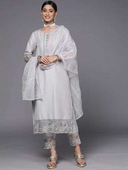 Indyancart VA Women's Grey Floral Embroidered Thread Work Kurta with Trousers & With Dupatta