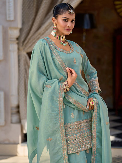 Dhiyona IE Women Ethnic Motifs Embroidered Regular Sequinned Kurta & Trousers & Dupatta