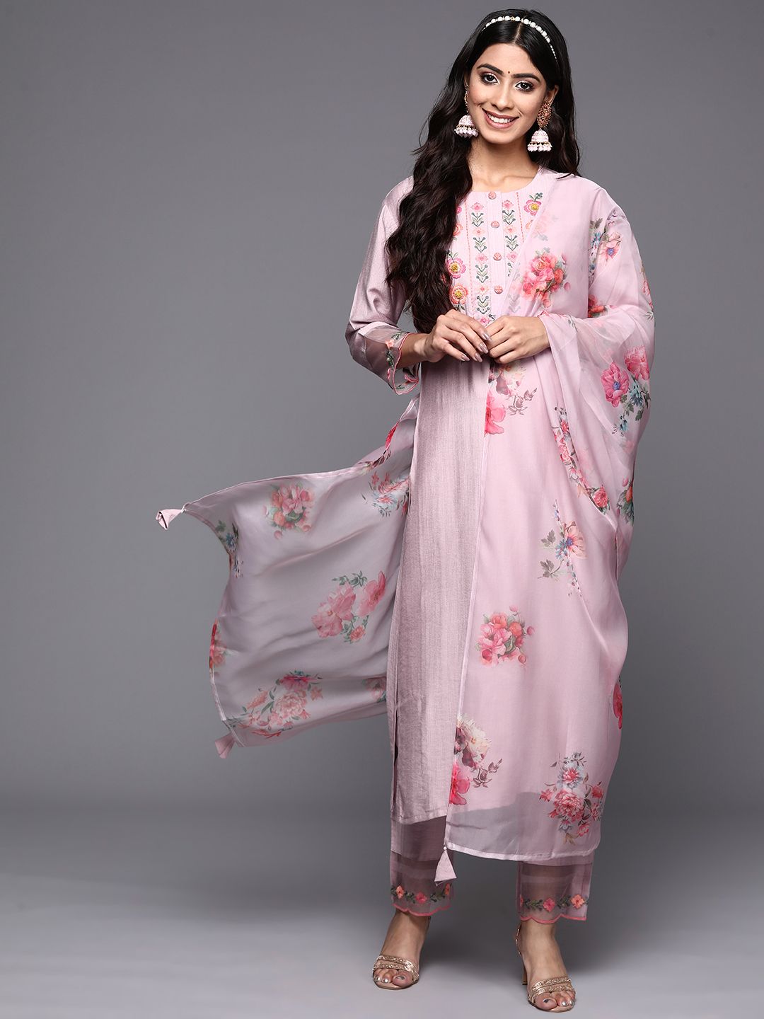 Dhiyona IE Women Lavender Floral Yoke Design Thread Work Kurta with Trousers & With Dupatta