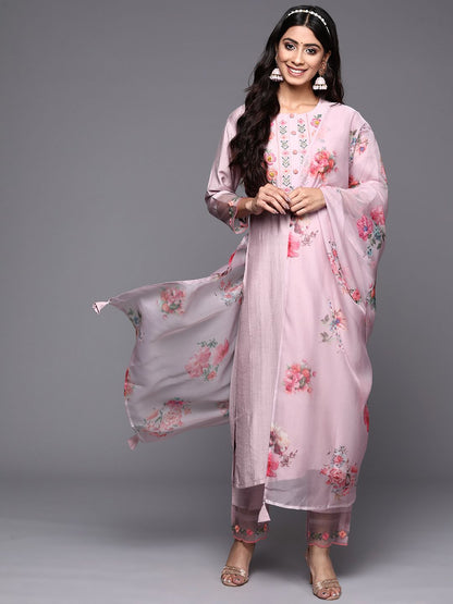 Dhiyona IE Women Lavender Floral Yoke Design Thread Work Kurta with Trousers & With Dupatta