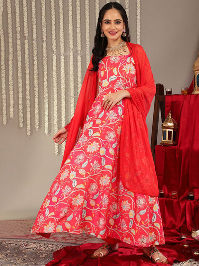 Indyancart VA Women'sFloral Printed Shoulder Straps Anarkali Kurta & Trousers With Dupatta