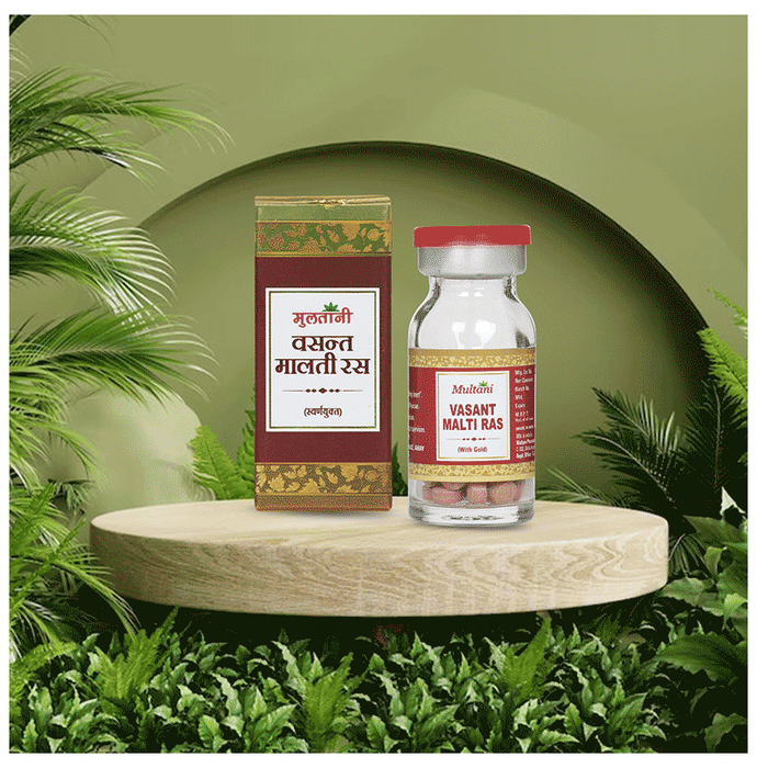 Multani Vasant Malati Ras Ayurvedic tablets with gold tablet, traditional herbal supplement in blister pack.