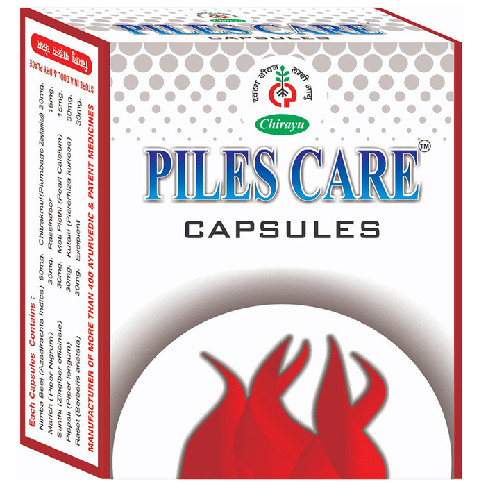 Chirayu Piles Care Capsules Ayurvedic capsules in a blister pack, used for natural relief from piles and hemorrhoids.