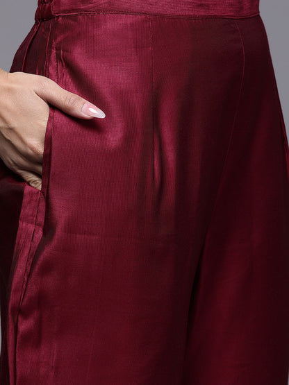 Dhiyona IE Women Maroon Ethnic Motifs Yoke Design Kurta with Trousers & With Dupatta