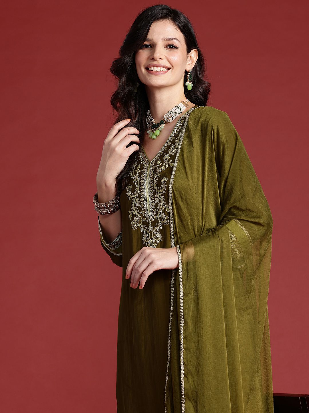 Floral Embroidered Sequinned Kurta With Trousers & Dupatta