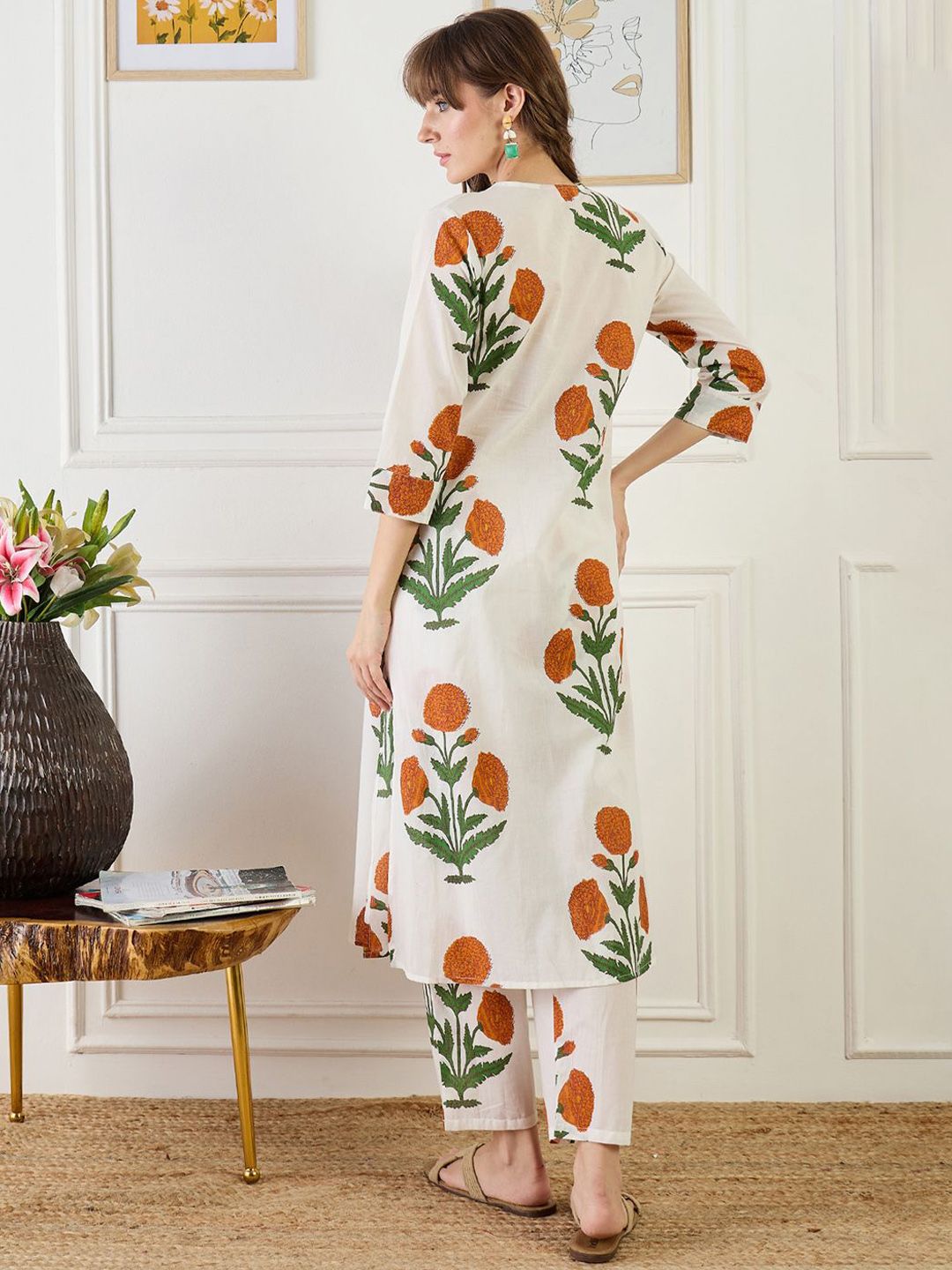 Dhiyona IE Printed Cotton V Neck Top With Trousers Co-Ords
