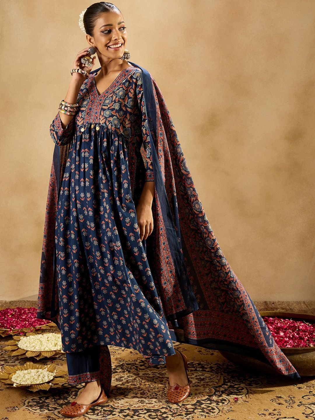 Indyancart IE Blue Floral Printed Empire V-Neck Flared Pure Cotton Straight Kurta Set