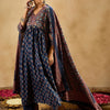 Indyancart IE Blue Floral Printed Empire V-Neck Flared Pure Cotton Straight Kurta Set