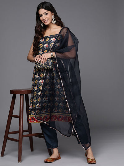 Indyancart IE Women Blue Ethnic Motifs Printed Kurta with Trousers & With Dupatta