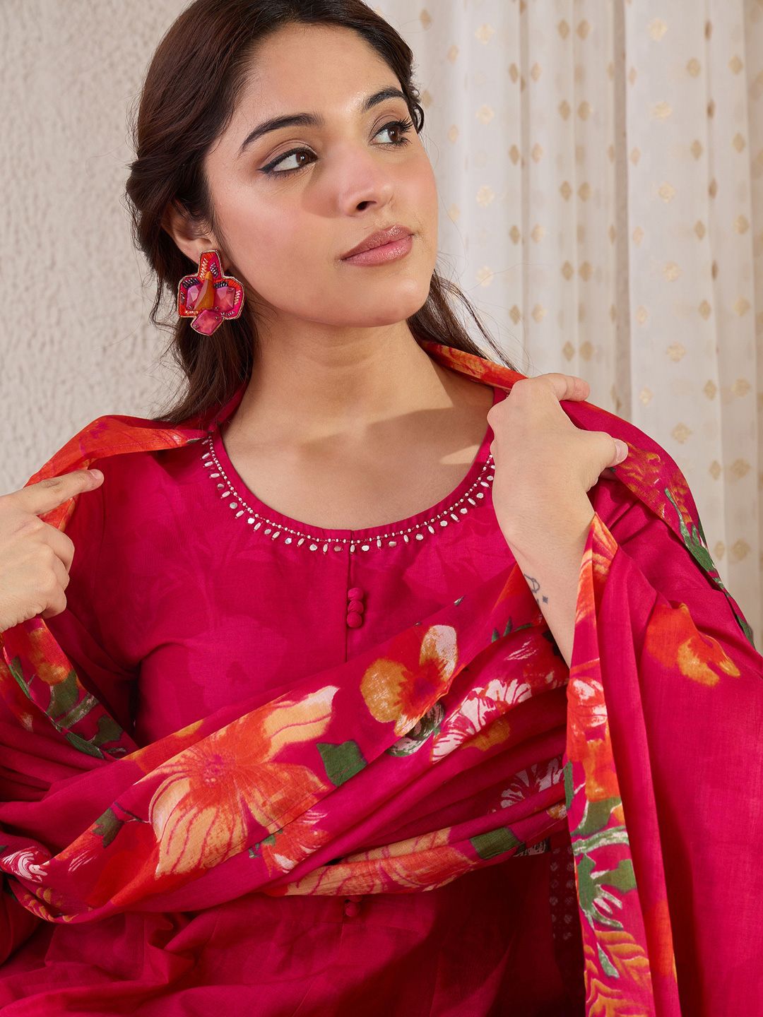 Women Floral Printed Regular Pure Cotton Kurta with Trousers & Dupatta