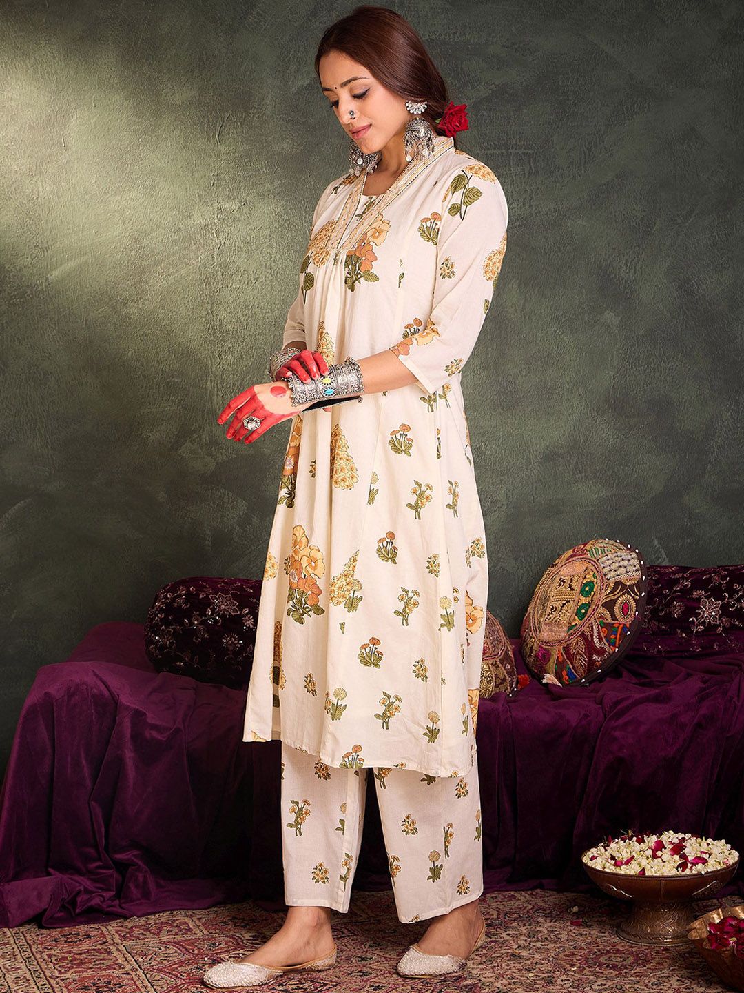 Dhiyona IE Floral Printed Pure Cotton A-Line Tunic With Palazzo
