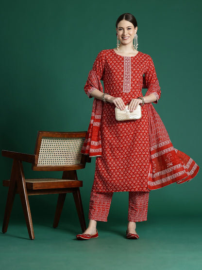 Indyancart IE Women Ethnic Motifs Printed Regular Mirror Work Pure Cotton Kurta with Trousers & With Dupatta