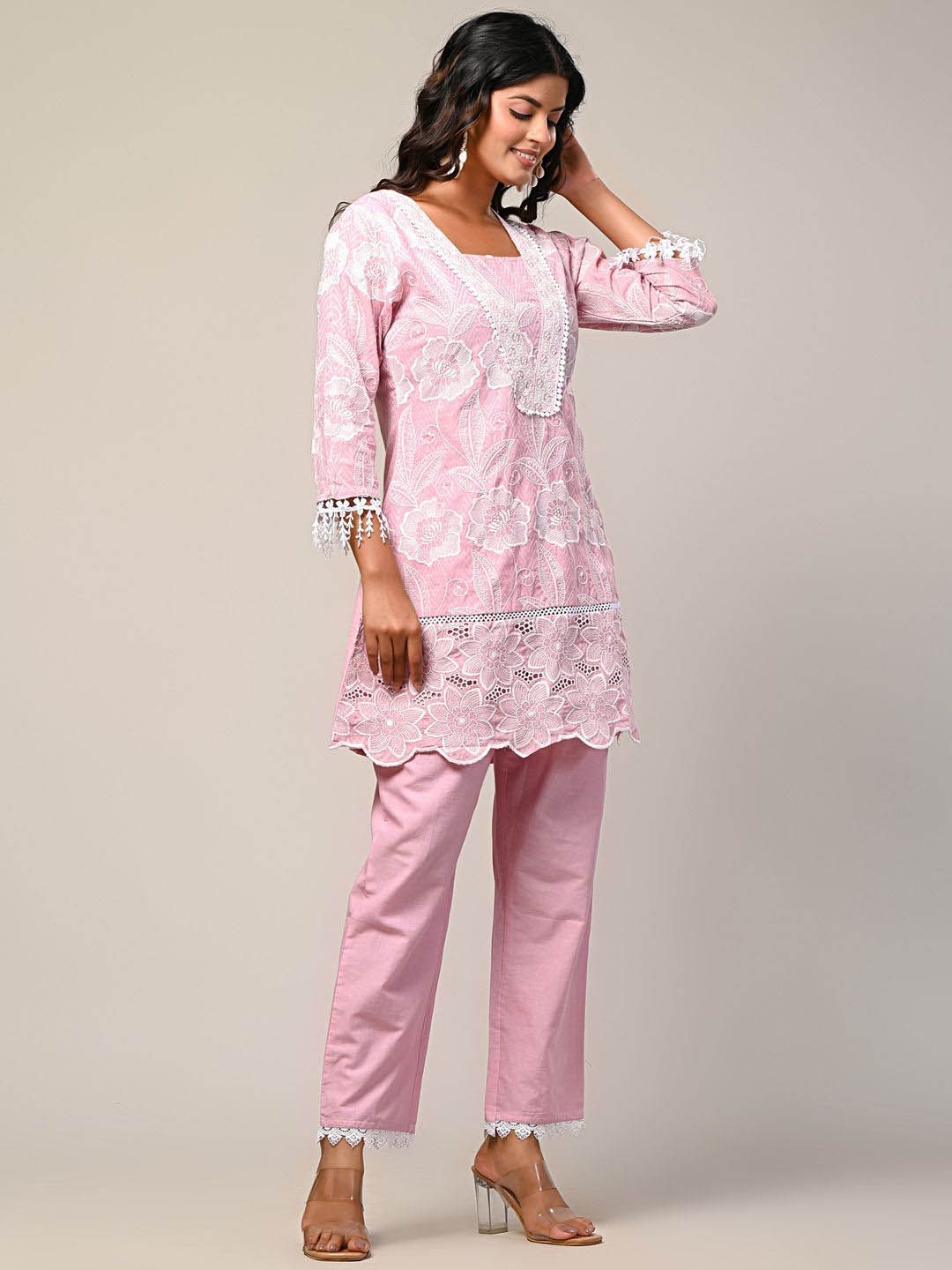 Indyancart IE Embroidered Square Neck Pure Cotton Tunic With Trouser