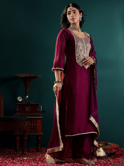 Indyancart VA Women Ethnic Motifs Embroidered Regular Kurta with Palazzos & With Dupatta