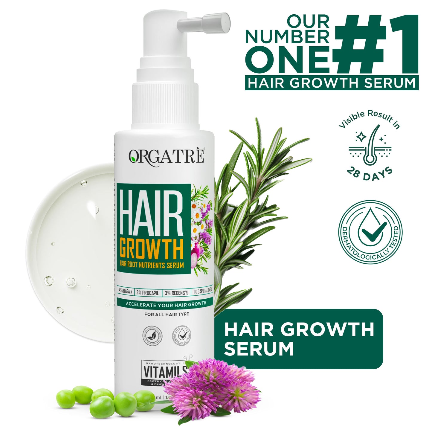 Orgatre Hair Growth Serum - 3% Redensyl, 4% Anagain, Castor & Rosemary Oil For Hairfall Control