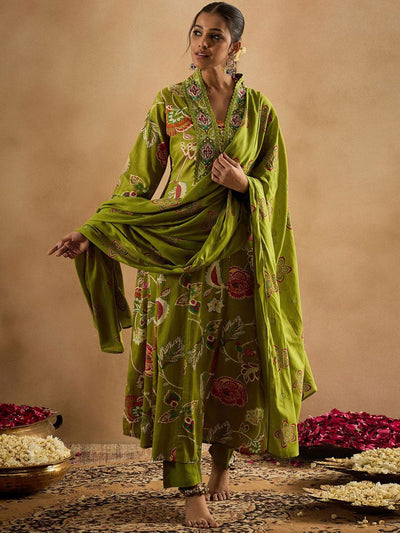 Indyancart IE Floral Printed Empire Pure Cotton Anarkali Kurta With Trouser & Dupatta