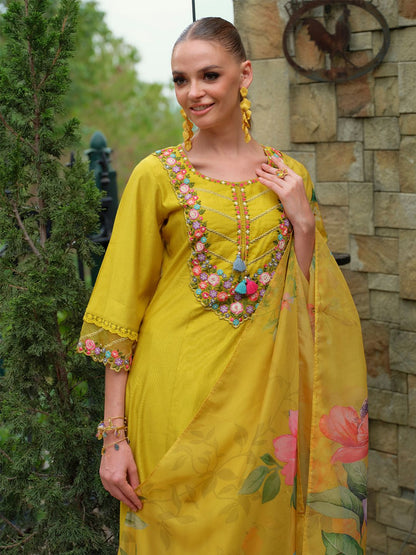 Women Floral Embroidered Beads and Stones Liva Kurta with Trousers & With Dupatta