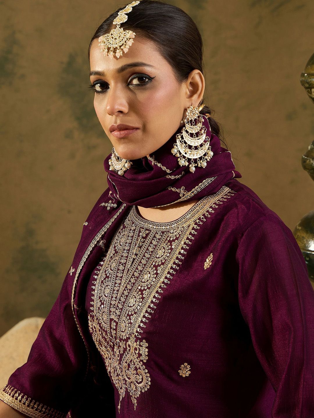 Women Ethnic Motifs Embroidered Regular Kurta with Trousers & With Dupatta